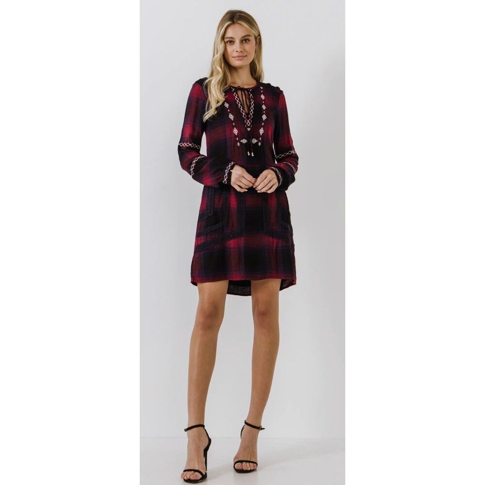NWT English Factory Dark Navy Plaid Dress Size Medium